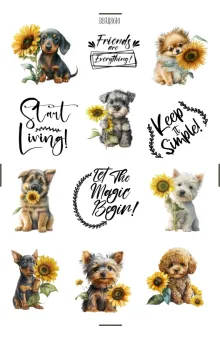 Paws-itively Adorable Autumn Dog Sticker Sheet with Florals and Sunflowers - Yellow Journaling Stickers