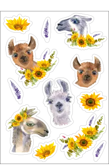 No Prob-Llama Sticker Sheet: Craft Stickers with Lavendar Llama and Sunflower Designs in Yellow